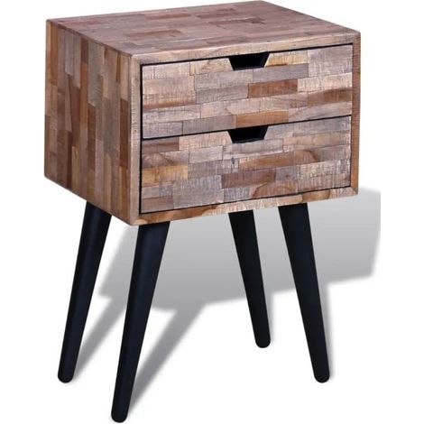 Table de chevet 2 tiroirs teck recyclé clair et pieds métal noir Nelly (1/3)