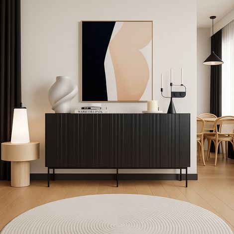 Aparador Spirano, aparador de salón con tres puertas batientes y compartimentos interiores, elevado del suelo, 151 x 42 x 75 cm, color negro (1/5)