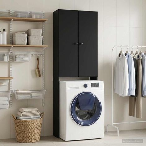 Armoire de Salle de Bain Noire 66x25,5x190 cm - Meuble de Rangement Vertical avec Étagères, Style Moderne pour WC et Douche (1/5)