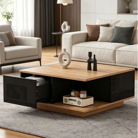 Tavolino quadrato 70x70 cm con 3 cassetti e vani a giorno, superficie lucida, legno e finitura nera (1/5)