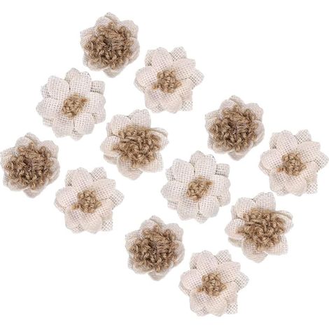 Fleur en Toile de Jute - Rose Rustique Faite à la Main avec Nœud et Fausse Perle - Décoration Intérieure Mariage Noël - Lot de 12
