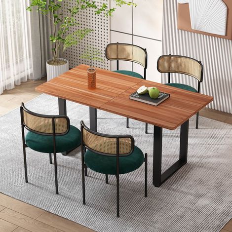 Lot de 4 chaises de salle à manger en velours vert, dossier en rotin tressé, assise ronde rembourrée, pieds métal, style moderne (1/5)