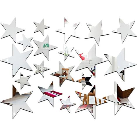 JSSEVN - 3D Sticker, 20 x Star Art Mirror Wall Surface Home Bedroom DIY Decor (Silver) (1/5)