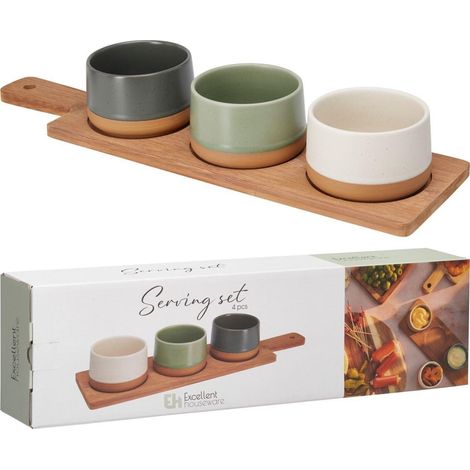 Set da portata in bambù + 3 ciotole in ceramica colorate