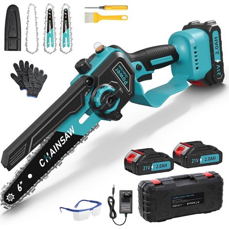 Tronçonneuse à batterie, mini-tronçonneuse 6 pouces avec moteur sans balais de 1000 W, 2 batteries de 2000 mAh pour Makita 18 V, avec graissage automatique, tronçonneuse portative pour le jardinage et (1/5)