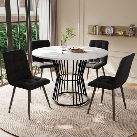 Esstisch-Set (5-teilig), Esstisch-Set mit 4 Stühlen, Küchentisch-Set, runder Esstisch mit 100 cm Durchmesser und schwarzen Metallbeinen, weiße MDF-Tischplatte, Esszimmerstühle aus schwarzem Samt (1/5)