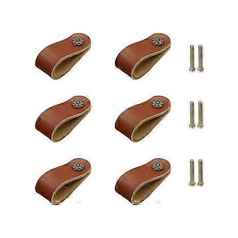 Braune Möbelgriffe, 6 Stück, echte Leder-Möbelknöpfe, Schrankgriffe, Schubladengriffe mit 22-mm-Schrauben, handgefertigte Leder-Türgriffe für Schränke,