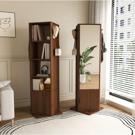 Armoire miroir pivotante 360° noyer 50x50x170 cm avec rangement bijoux, étagères et crochets (1/5)
