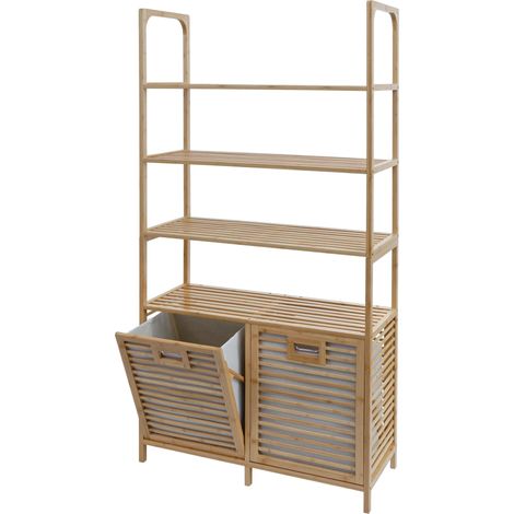 Armoire de salle de bain en bambou HWC-N83, étagère, armoire de rangement, 2 paniersàlinge (1/5)