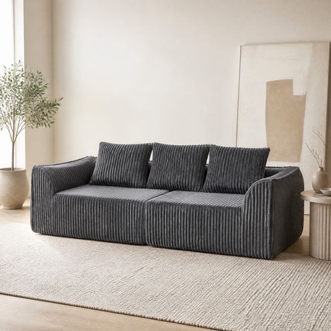 Divano modulare in velluto a coste grigio con 5 cuscini, schiuma e design moderno (1/5)