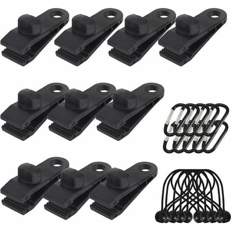 Lot de 10 Clips de bâche Support de bâche pour extérieur avec Attache en Toile et Cordon élastique + Mousqueton en Forme de D pour bâches, auvents, Camping, Caravane, couvertures de Voiture-Chrom (1/5)