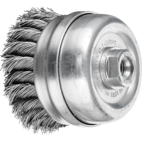 Brosse boisseau à filetage, fils torsadés, avec bague dappui TBG PFERD - Ø mm: 80 - Long. mm: 25 - Filetage: M14 - Nb torsades: 22 (1/4)