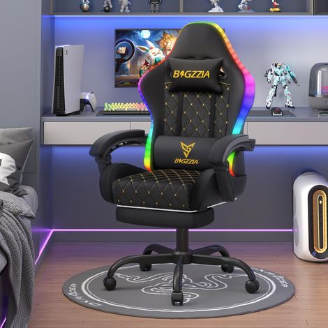 RGB Gaming Chair Reclining Footrest Ergonomic PU Leather Black (1/5)