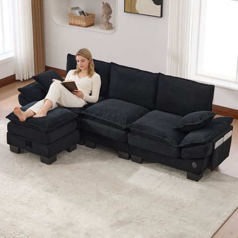 FloraGrace Canapé modulable 3 places avec pouf, 260 x 132 x 84 cm, corduroy noir, USB-C, poches latérales (1/5)