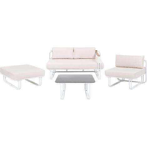 Ensemble Salon de Jardin Moderne 4 Pièces Structure en Acier Blanche et Coussins Beige Clair Camerota (1/5)