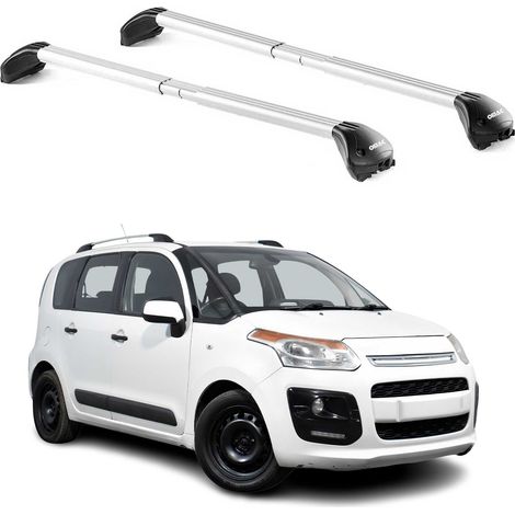 OMAC Barres de toit transversales certifiées TÜV pour Citroën C3 Picasso 2009-2016 – Verrouillables (4 antivols) – Charge max 100 kg – Sangle inox + protection caoutchouc Argent (1/4)