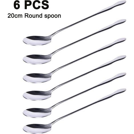 Lot de 6 cuillères à long manche 20 cm, acier inoxydable, cuillères à glace, café, cocktail et dessert, finition miroir (1/5)