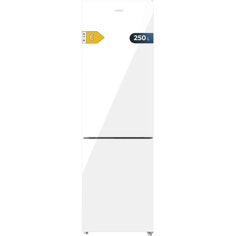 Frigorifero combinato in vetro bianco, alto 180 cm e largo 55 cm, con capacità di 250 litri, Total No Frost, classe energetica E e sistema Multi Air Flow.