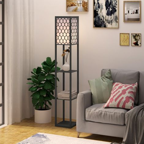 Lampe sur pied avec étagères Lampadaire sur pied,éclairage intérieur,E27,jusqu’à 40W,pour salon/chambre,bois,noir,26x26x160 cm