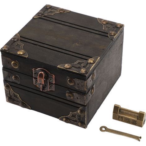 Grande boîte à bijoux de grande capacité, en bois antique durable gris foncé, avec serrure en métal pour bijoux et petits objets. (1/5)