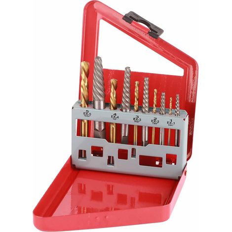 Kit de 10 extracteurs de vis avec forets à gauche, plaqués titane, en acier allié. (1/5)