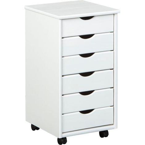 Caisson de bureau à roulettes – Avec tiroirs – Meuble de rangement mobile - Pin massif - 6 tiroirs – Blanc vernis (1/3)