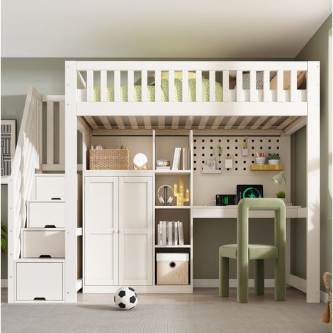 Letto a soppalco per bambini in legno 90x200 cm con scrivania, armadio, mensole, prese USB/Type-C, bianco (1/5)