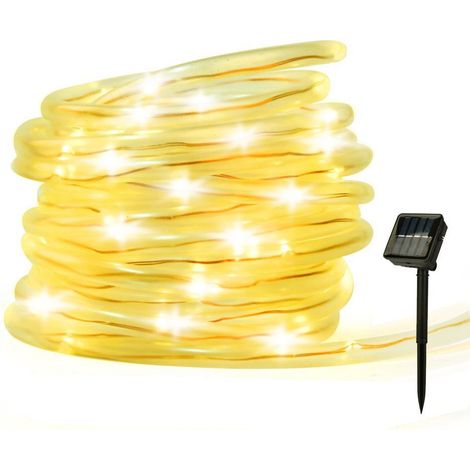 Guirlande lumineuse solaire de 100 LED avec fil de cuivre et tube en PVC (12 mètres, 100 tubes LED, lumière blanc chaud) (1/5)