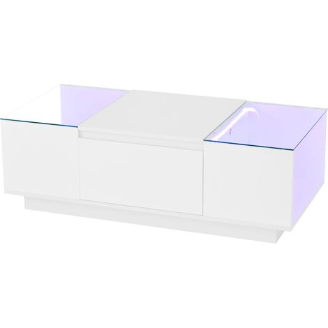 Moderner Wohnzimmertisch 105 cm weiß hochglänzend mit LED, Glasplatte und 2 Schubladen (1/5)