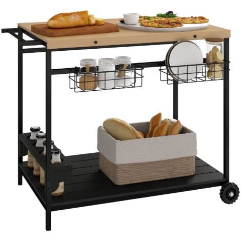 royaluxe -Chariot de service, desserte de cuisine, 2 étagères, 4 porte-bouteilles, intérieur/extérieur, naturel/noir (1/5)