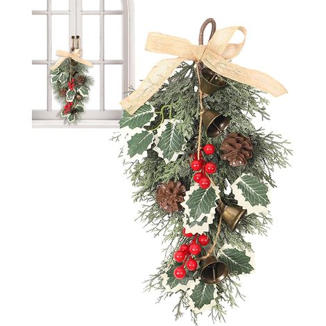 Décoration Suspendue pour Porte De Noël Pommes De Pin Baies Rouges Couronne De Noël En Forme De Goutte Avec Clochette Pour Maison Cheminée Escalier Mur (1/5)