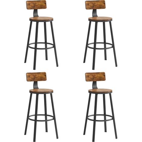 Vasagle – Lot de 4 tabourets de bar – Hauteur d'assise 73,5 cm – Dossier incurvé ergonomique – Cadre en acier noir – Style industriel marron