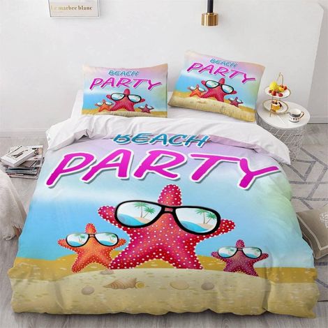 Housse de Couette 140x200 Enfant Poisson Parure de Lit 1 Personne Microfibre Housse de Couette étoile De Mer De Plage 3D Imprimé Literie Set 3 Pièces avec Fermeture Éclair - 140x200+2x50x75 (1/5)