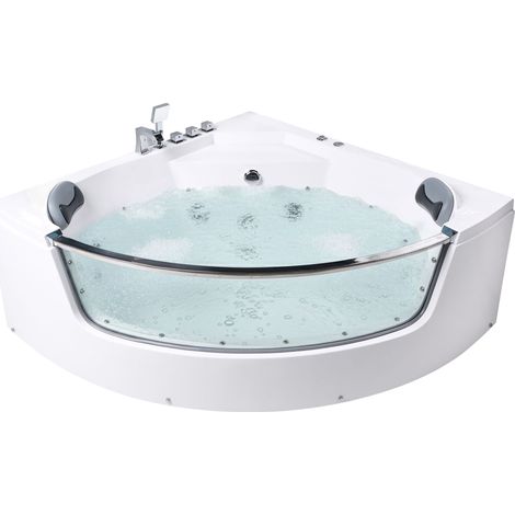 Corner Hot Tub Bath White Acrylic Stainless Steel Fittings 2100 x 1480 mm SPA with LED Hydro Massage Jets Headrests TAMULA