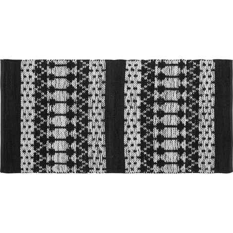 Alfombra negra con rectángulo blanco 80 x 150 cm estilo moderno contemporáneo tejida a mano de cuero y algodón Sokun
