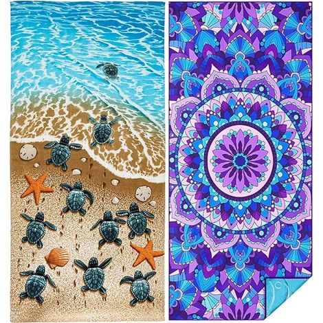 2 serviettes de plage microfibre, 180 x 90 cm, anti-sable, séchage rapide, motifs tropicaux (1/5)
