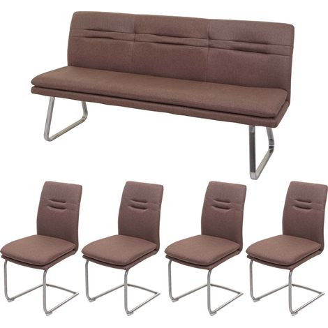Set panca con 4x sedie a slitta sala pranzo soggiorno cucina HHG-930 tessuto acciaio inox, marrone 180cm