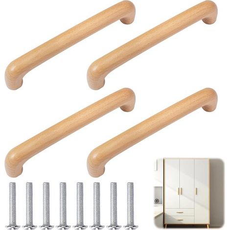 Dailygoods,4 Stück Holzgriffe für Schränke,143 mm Holzgriffe,Schrankgriff mit 8 Schrauben,Möbelgriff mit gewachster Oberfläche,Holz-Druckgriff (1/5)