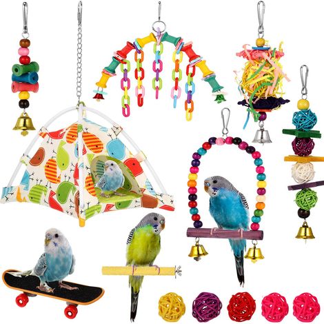 Lot de 13 jouets pour cage à oiseaux : balançoire pour perroquet, jouets à mâcher, hamac pour nichoir, perchoir, clochette suspendue. (1/5)