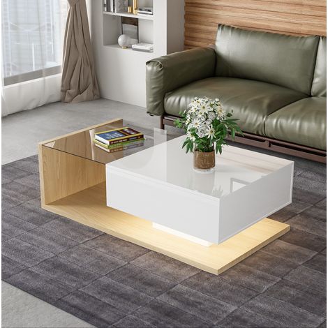 Tavolino da salotto in truciolare e vetro temperato 105x55x32,5 cm bianco lucido e naturale con LED (1/5)