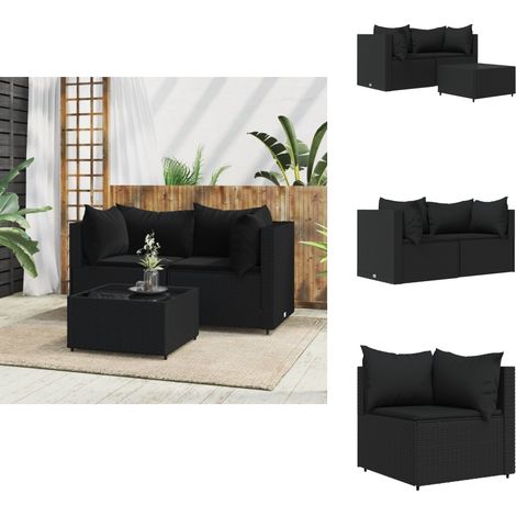3-tlg. Garten-Lounge-Set mit Kissen Schwarz Poly Rattan - Gartensortiment - Gartenmöbel - Loungeset - Outdoor Möbel - Rattan Gartenmöbel (1/5)