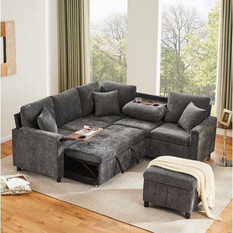 Canapé d’angle convertible en tissu gris avec hocker de rangement, lampe de lecture, ports USB et Type-C, table escamotable et porte-gobelets  CHICFURN (1/5)