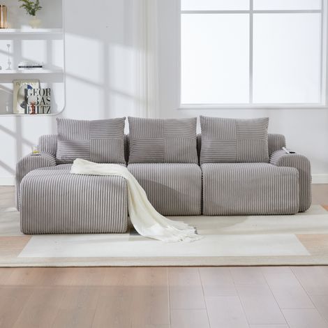 Divano modulare 3 posti con pouf, portabicchieri e tasca laterale grigio chiaro DESVIAE (1/5)