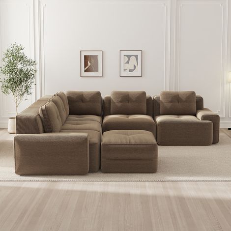 Canapé velours côtelé marron, sans cadre, modulable avec pouf, idéal salon ou bureau, confortable et profond, livré monté, base antidérapante, assise moelleuse. (1/5)