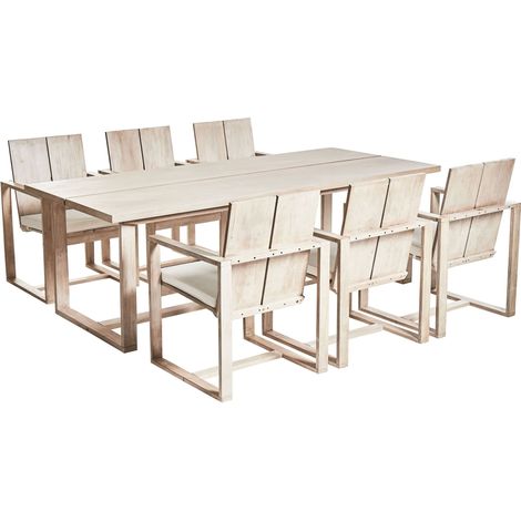 Salle à Manger de Jardin Rustique 6 Places Table 230 x 100 cm Chaises avec Accoudoirs Bois Clair et Coussins Banc Cassé Azzanello