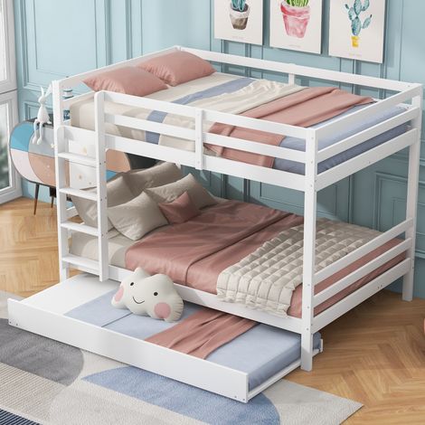 140200cm Etagenbetten, Kinderbetten, Etagenbetten mit Ausziehbett, Hohe Geländer, Stabile Treppe, Weiß (1/5)