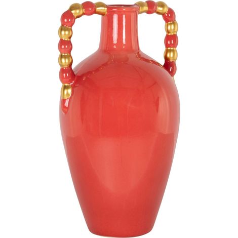 Vase orange en grès à anse perles déco design sculptural - Orange brillant poignée perles dorées (1/5)