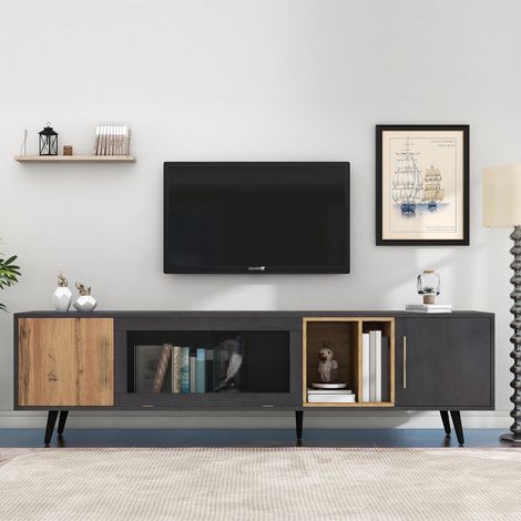Eleganter TV-Schrank, 200x40x55,5 cm, dunkles Holz, grau und Holzmaserung, für einen 90-Zoll-Fernseher geeignet (1/5)