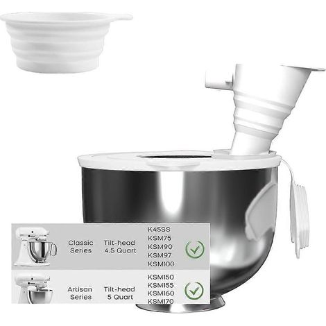Entonnoir à farine avec protection anti-éclaboussures pour robots pâtissiers KitchenAid de 4,5 à 5 pintes, accessoire 3 en 1 pour robot pâtissier avec tasse à mesurer pliable. (1/4)