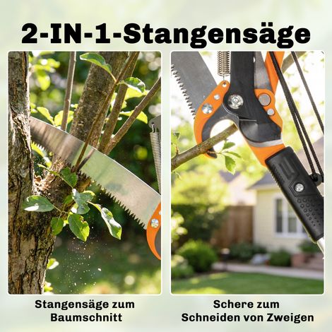 Scie à branches 2 en 1 avec sécateur intégré, outil d'élagage télescopique 135/172/199 cm pour branches hautes, orange (1/4)